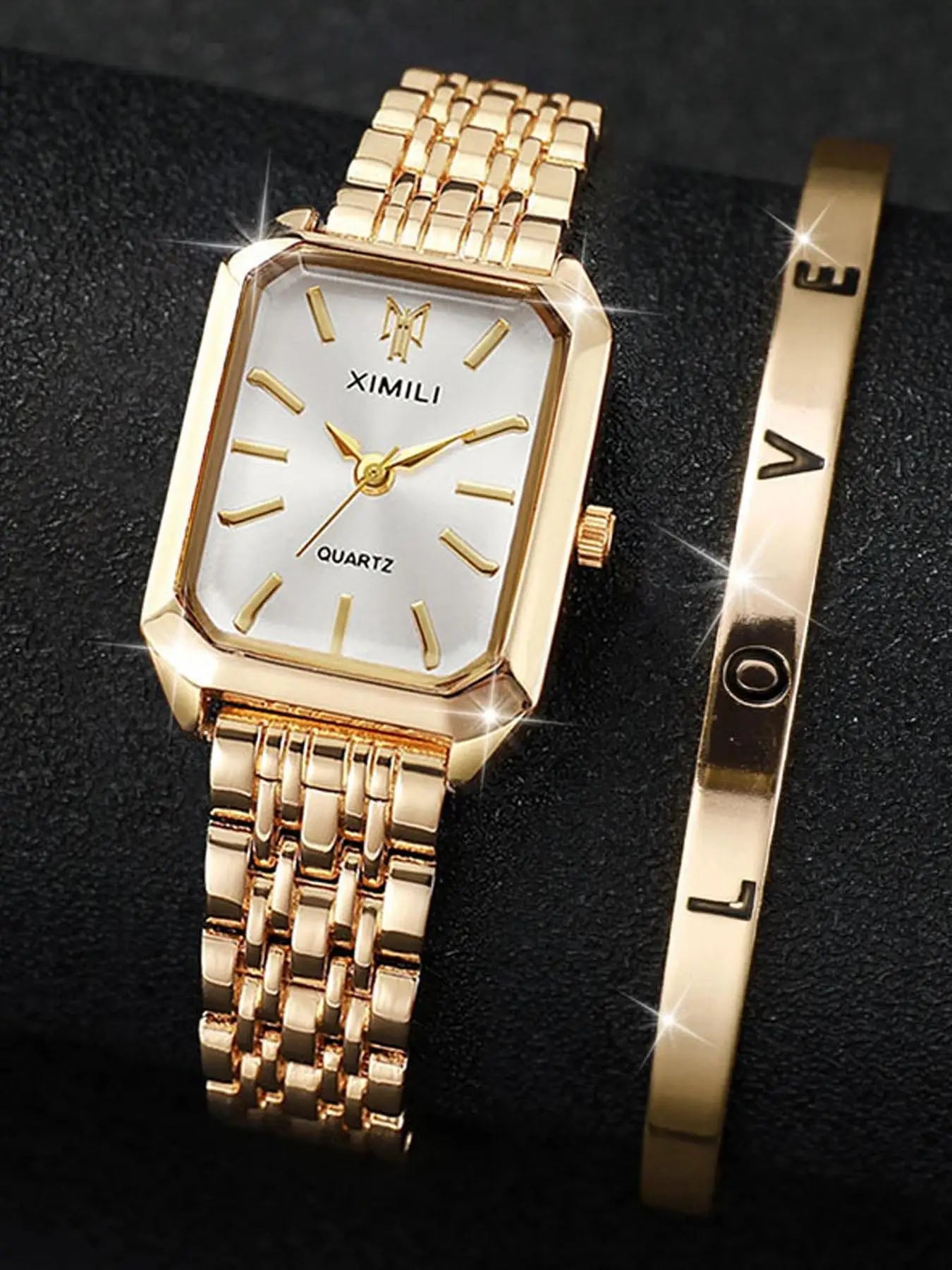 Women Gold Square Watch, Vintage Octagonal Case White/Green Dial Stainless Steel Band Quartz Wristwatch Qme