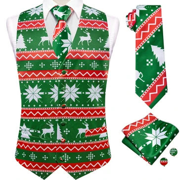 Christmas Colorful Men Vest Tie Pocket Square Cufflinks Set 4 Pieces Xmas Wedding Party Suit Accessories Gifts for Dad Boyfriend Qme MJTZ3294 S