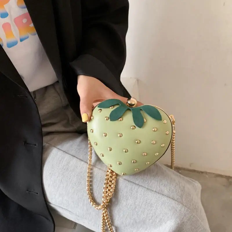Red Leather Strawberry Crossbody Bag With Gold Studs And Chain Strap Perfect For Daily Outings Parties Teen Girls Qme