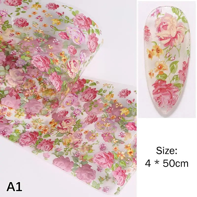 Flower Nail Transfer Foil Rose Floral Art Sticker Paper DIY Manicure Qme A1