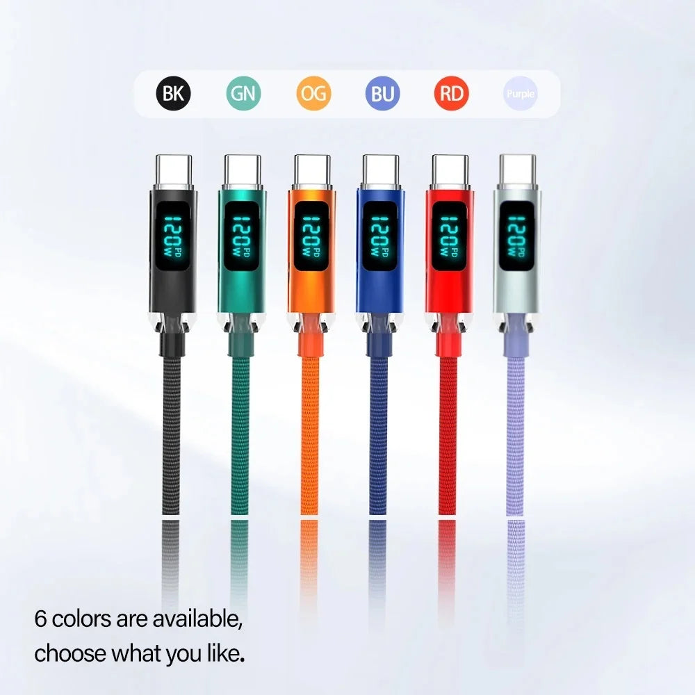 120W Digital Display USB Type C Fast Charging Wire Nylon Braided Dual USB-C Data Cable PD Quick Charge for IPhone 16 Pro Samsung Qme