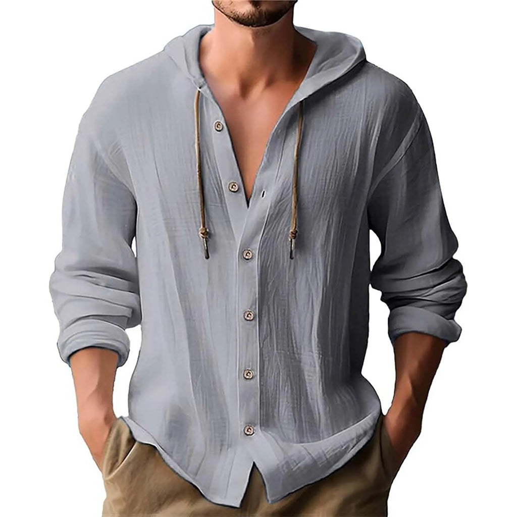Men's Solid Color Casual Long Sleeved Shirt With Hood And Drawstring Cotton And Linen Cardigan Fashionable Daily Versatile Top Qme