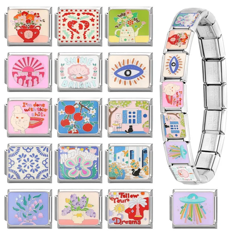 2026 Y2K Colorful Glaze Cute Street Scene Cat Italian Charm Link fit 9mm Stainless Steel Jewelry DIY Making Bracelets For Gifts Qme