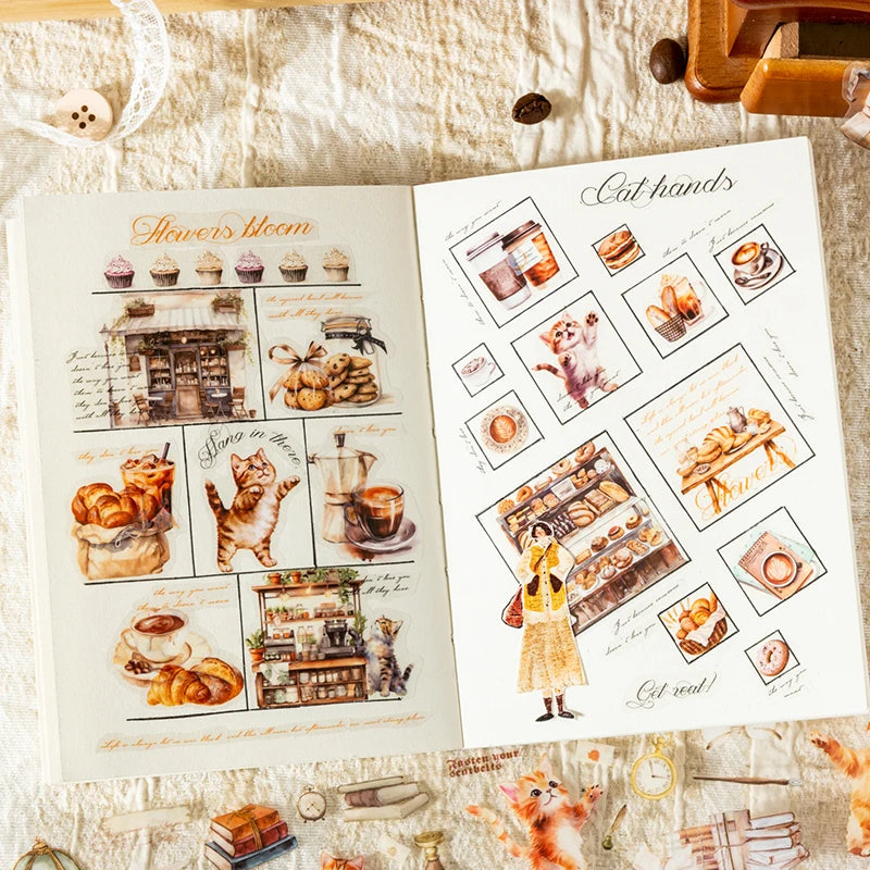 PET Material Tape Maker Cat Hand Workshop Series Cute Cat Coffee Bread Floral Pattern DIY Decorative for Phone Case Computer Cup Qme