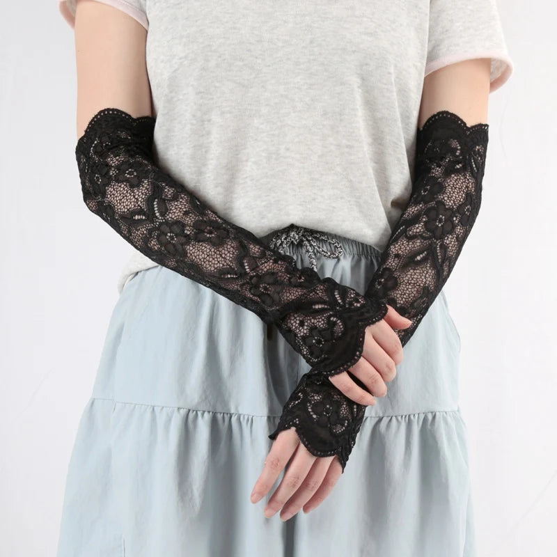 Women Long Lace Fingerless Gloves Flower Sun Protection Arm Sleeves Qme black One Size