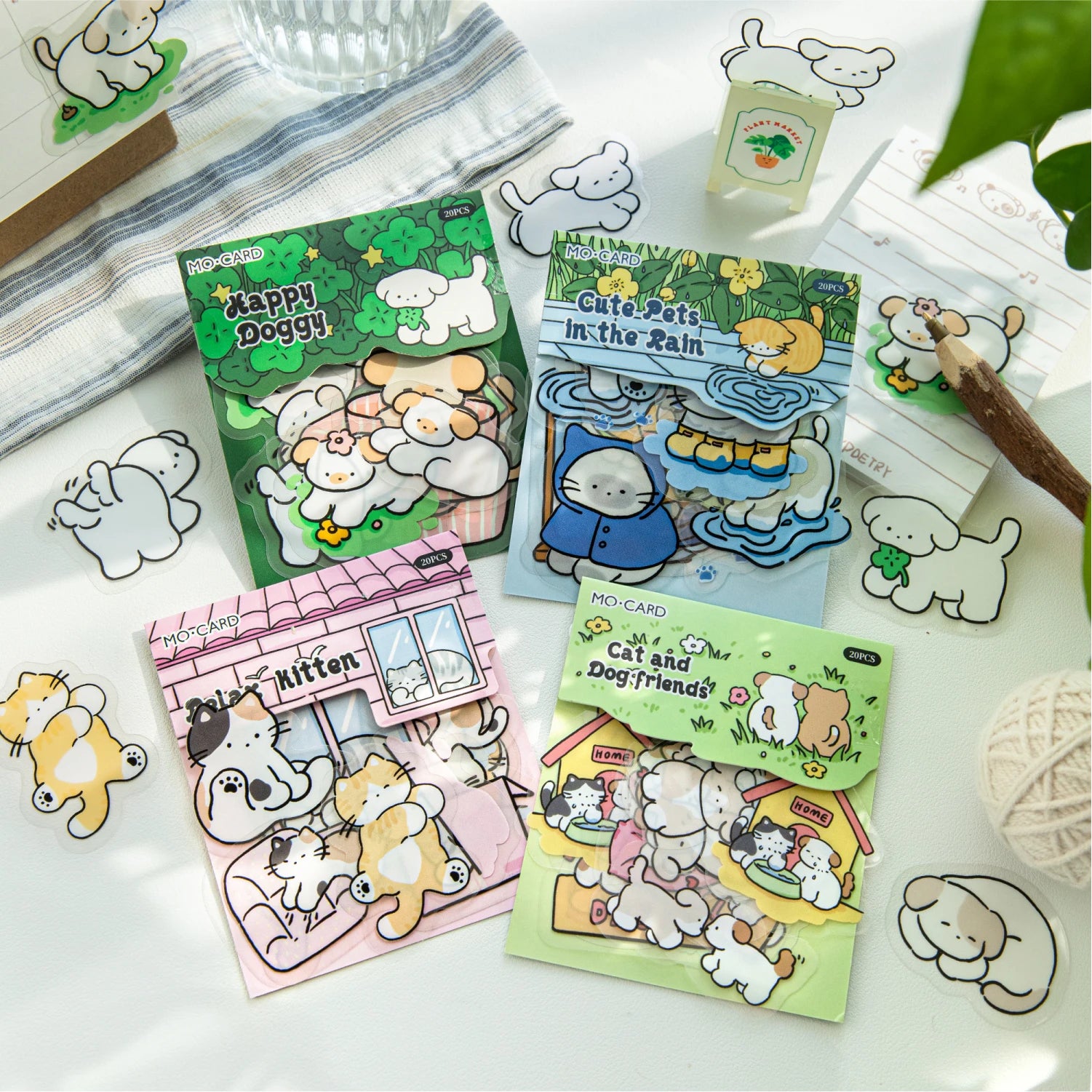 80 Sheets/4Bag Cute Pet Life Theme PET White Ink Stickers, Suitable for DIY, Scrapbooking, Phone Cases, Notebooks & Other Decor Qme