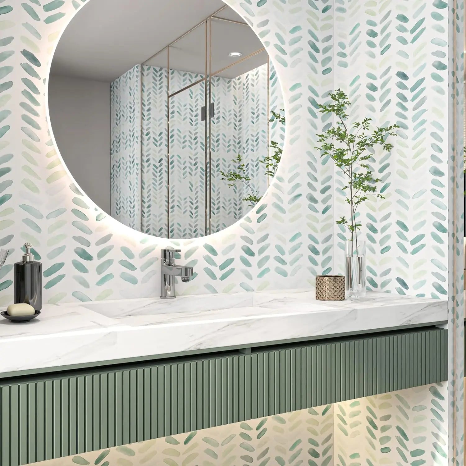 Green White Wallpaper Peel Stick Boho Contact Paper Cabinets Leaf Qme