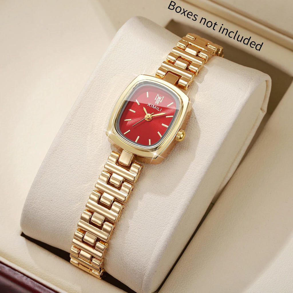 Ladies' Gold Tone Quartz Watch, 5 Colors Available with Minimalist Dial, Perfect Gift for Her Qme Gold Red No Box