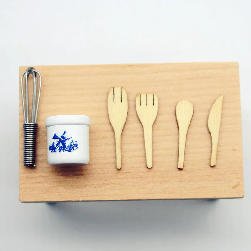 Miniature Dollhouse Kitchen Tools Wooden Spatula Knife Fork Egg Qme