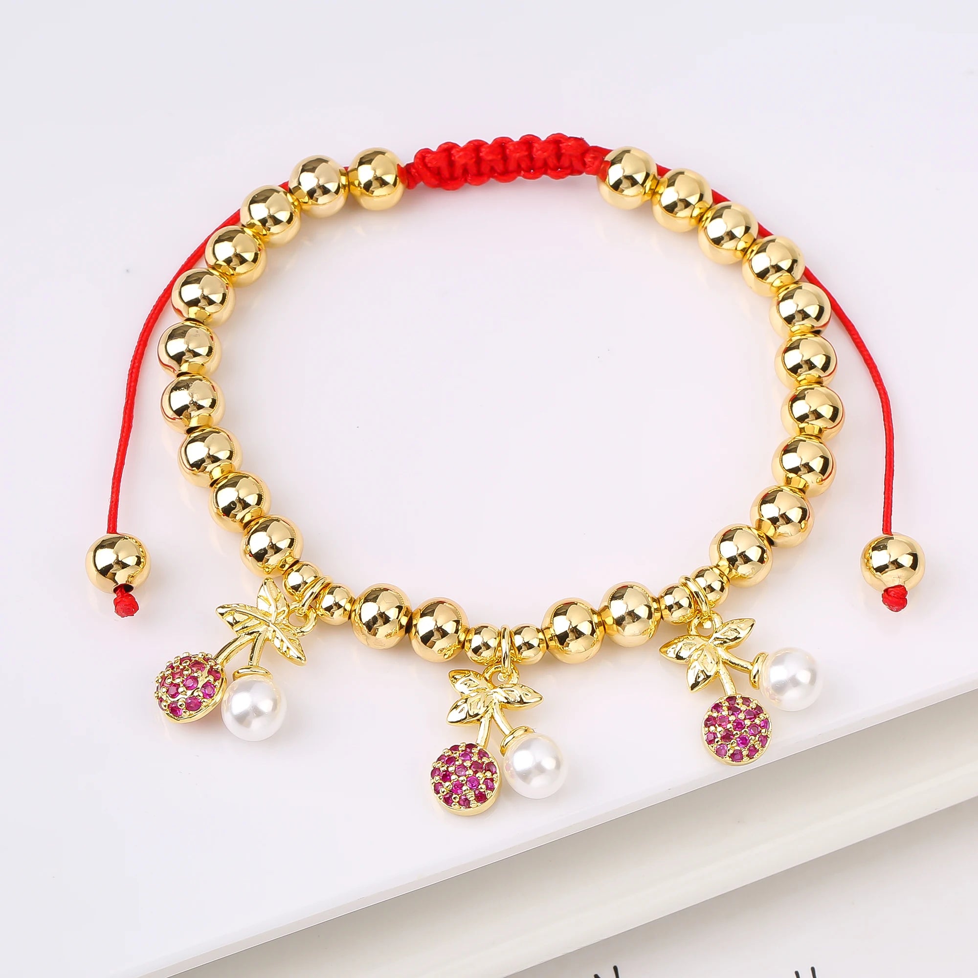 Gold-plated Copper Bead Chain Braid Crystal Red Cherry Bracelet Woman