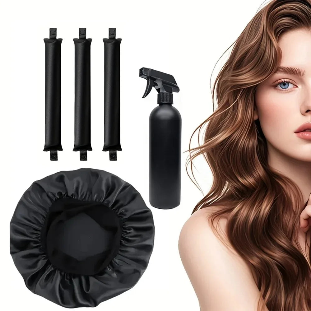 Heatless Hair Curler Satin Sleeping Cap Spray Bottle Overnight Qme 5Pcs Black Set
