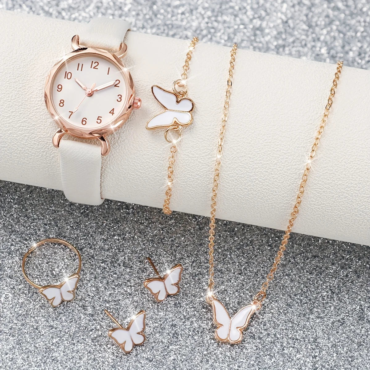 Simple bezel, white plate, quartz women's watch strap+white drip oil butterfly necklace, bracelet, earrings, ring, five pieces Qme