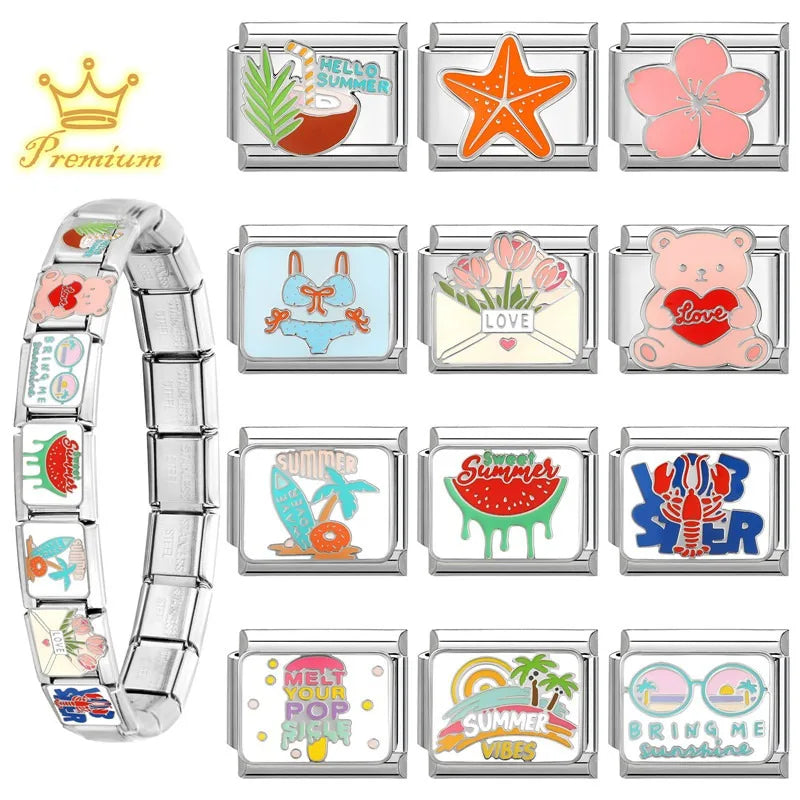 2026 Colour Glaze Red Love Heart Bear Bikini Coconut tree Italian Charm Links Fit 9mm Stainless Steel Bracelet DIY Making Gifts Qme