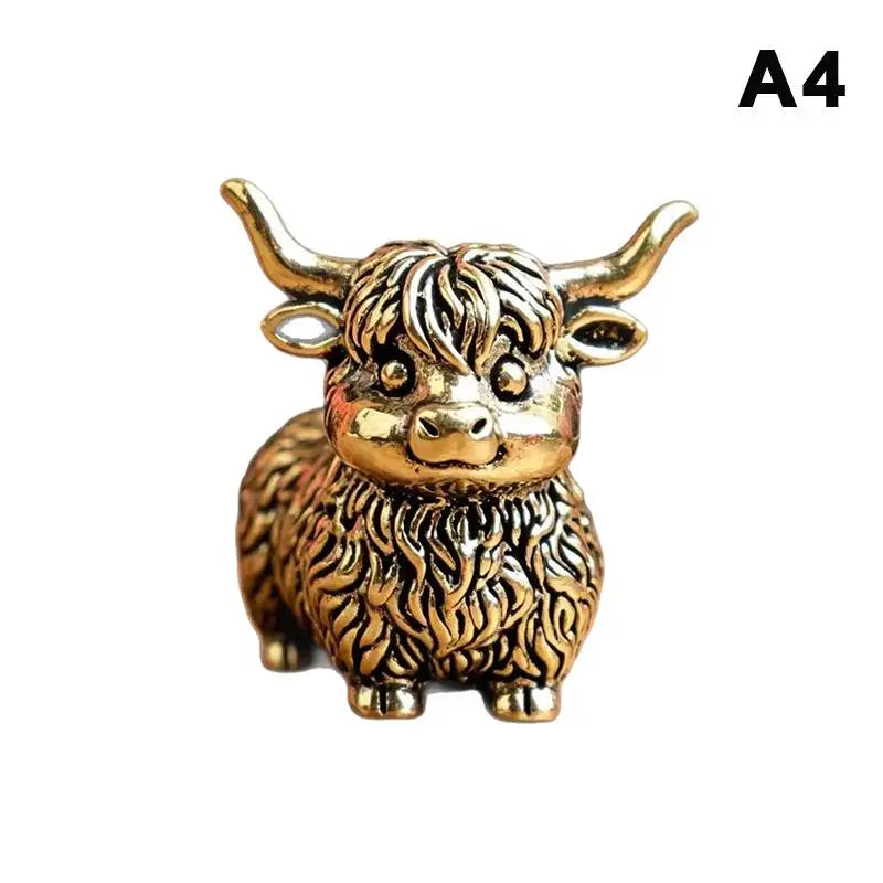 Handmade Vintage Highland Cow Figurine Solid Brass Mini Lucky Qme A4
