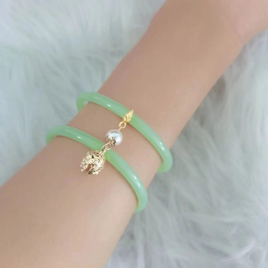 2Pcs/Set Natural Jade Jingle Bangles Retro Fairy Bell Glass Bracelet Femme Fashion Women's Casual China Jewelry Gifts Qme