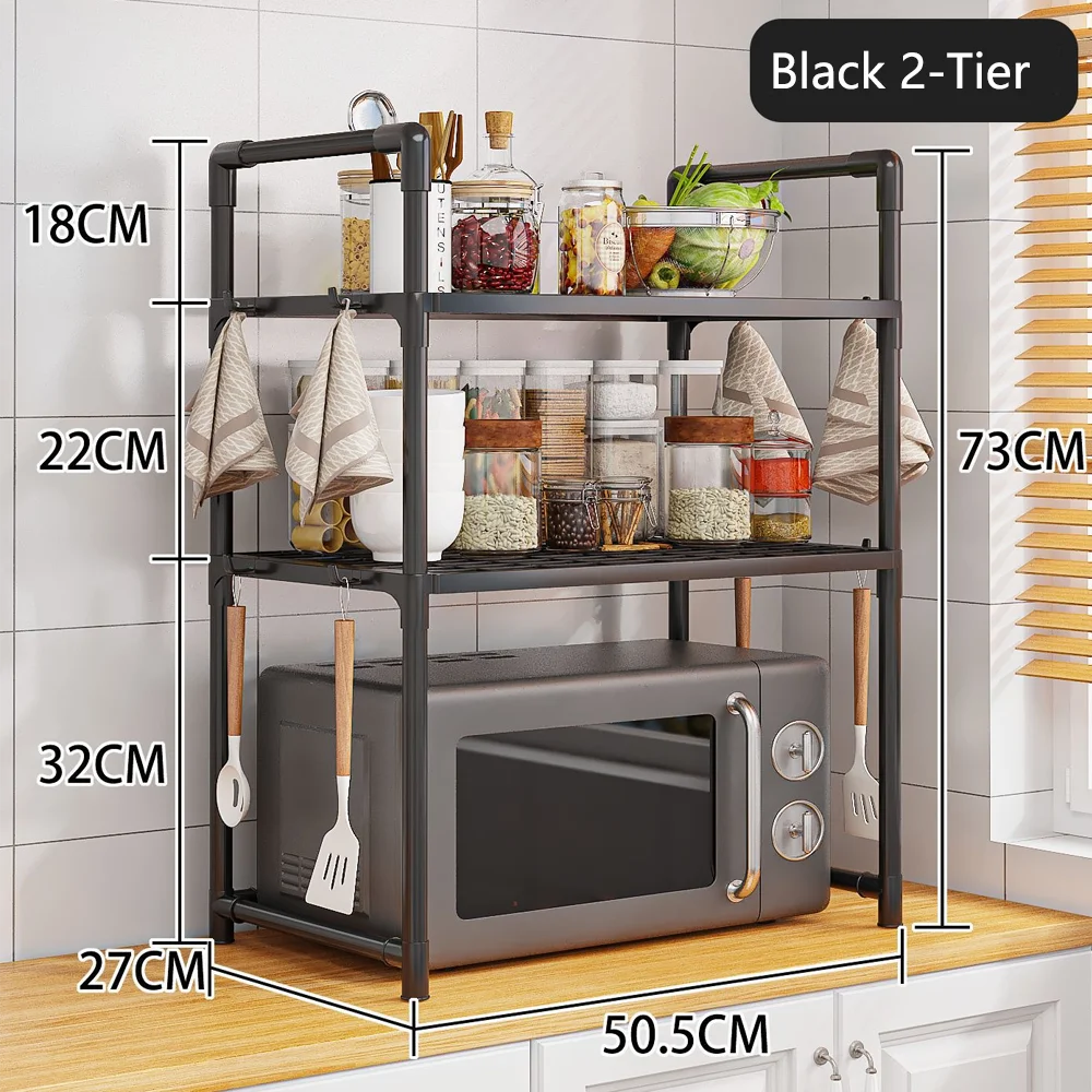 Extra Wide Microwave Stand - 2-Tier Heavy-Duty Kitchen Shelf for Oven Toaster & Spice Racks with Handrail Hooks Non-Slip Qme Black 2-Tier