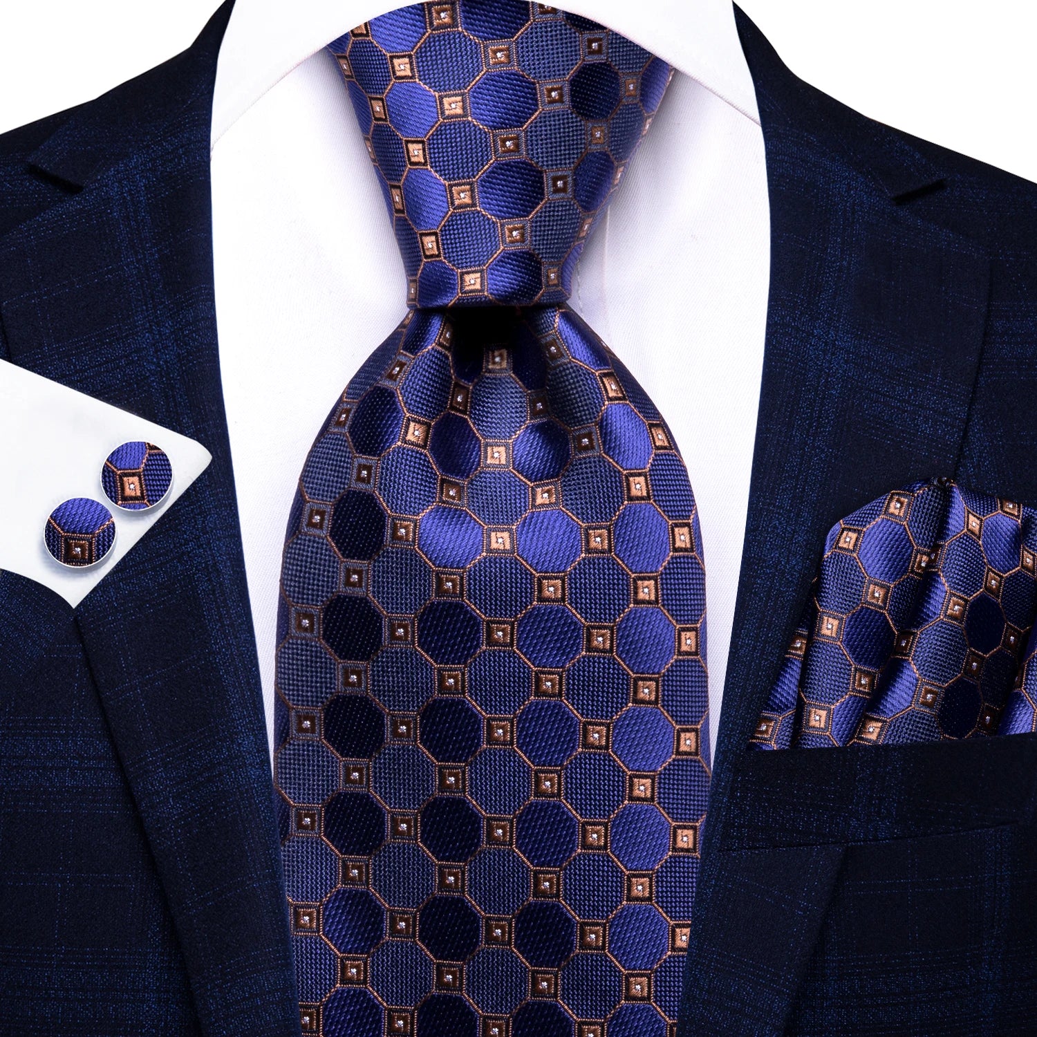 Hi-tie Fashion Black Plaid Dots Men's Elegant Tie Handkerchief