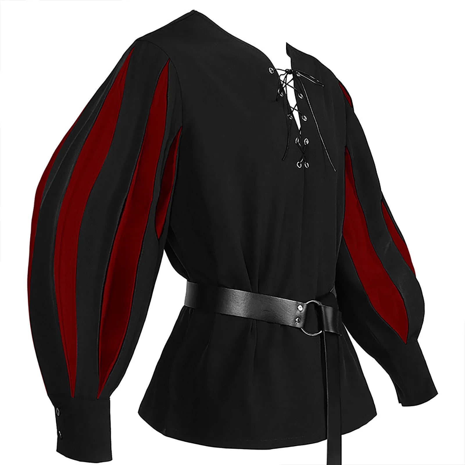 Men's Gothic Dark Contrast Lace Up Top Casual Vintage Medieval Renaissance Loose Soft Clothes Long Sleeve Shirt With Waistband Qme Black M