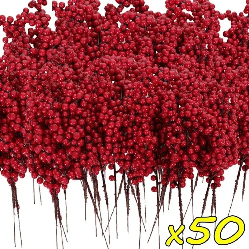 Christmas Artificial Red Berries Branch Fake Plants Flowers Holly Berry Stamen Wreath Ornaments for Xmas Tree Party Home Decor Qme 50 Branches 20.5x7x3cm