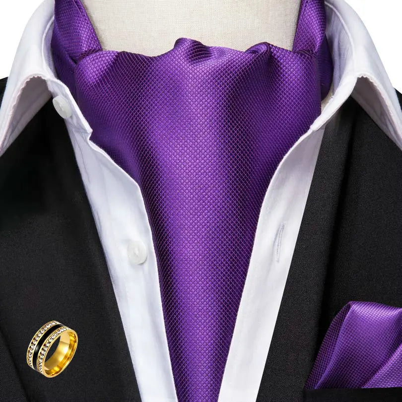 Ascot Tie Set, Classic Cravat with Pocket Square & Decorative Ring, Fashion Men's Neck Accessories Wedding silk Party Daily Wear Qme AS-1001-JZ0020