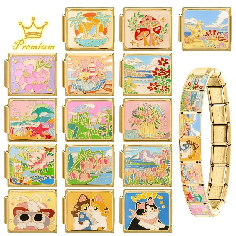 Gold Color Spring Summer Colorful Starfish Beach Sky Flowers Italian Charm Links Fit 9mm Women Stainless Steel DIY Bracelet Gift Qme