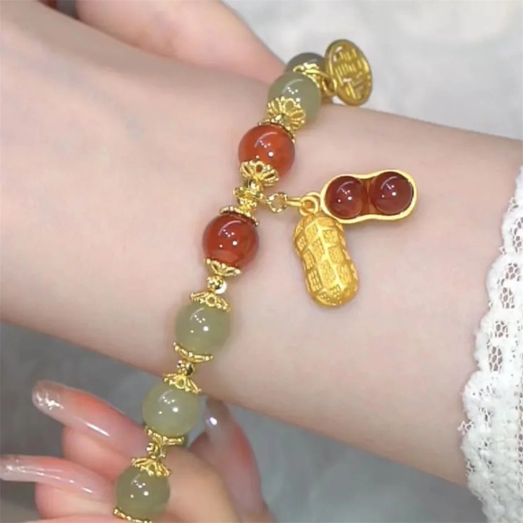 b05 Chinese Style Green Hetian Jade Bracelet For Women Vintage Gold Color Leaves Double Layer Beaded Bracelet Jewelry Gifts Qme