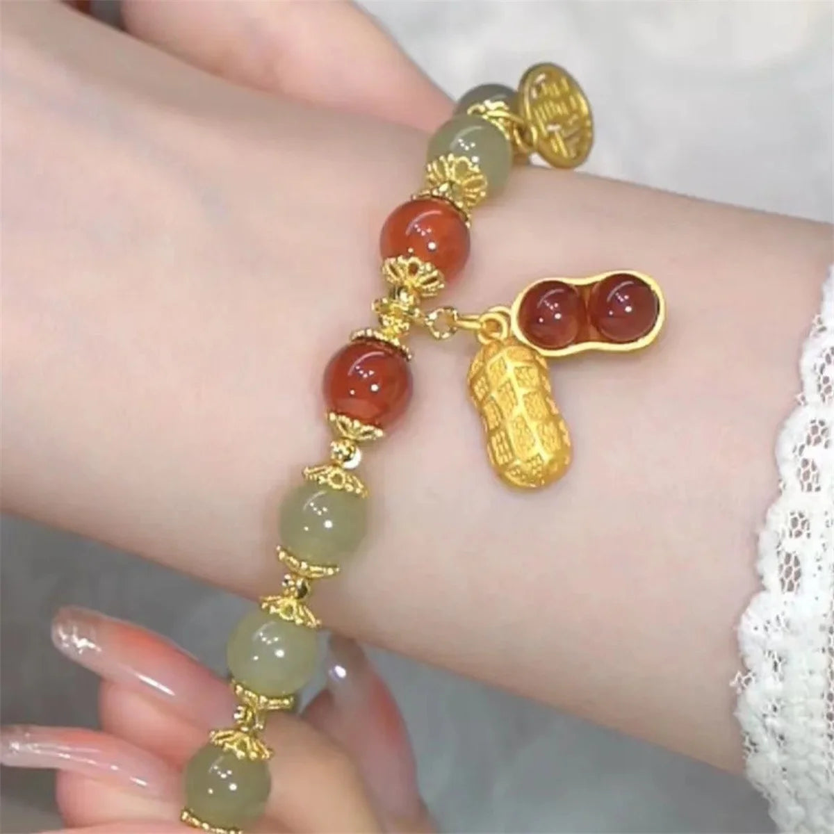b05 Chinese Style Green Hetian Jade Bracelet For Women Vintage Gold Color Leaves Double Layer Beaded Bracelet Jewelry Gifts Qme