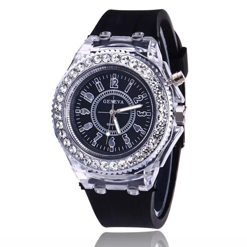 Luminous Round Digital Watches Solid Color Inlaid Rhinestone Sports Watch Couple Waterproof Wrist Watch Qme