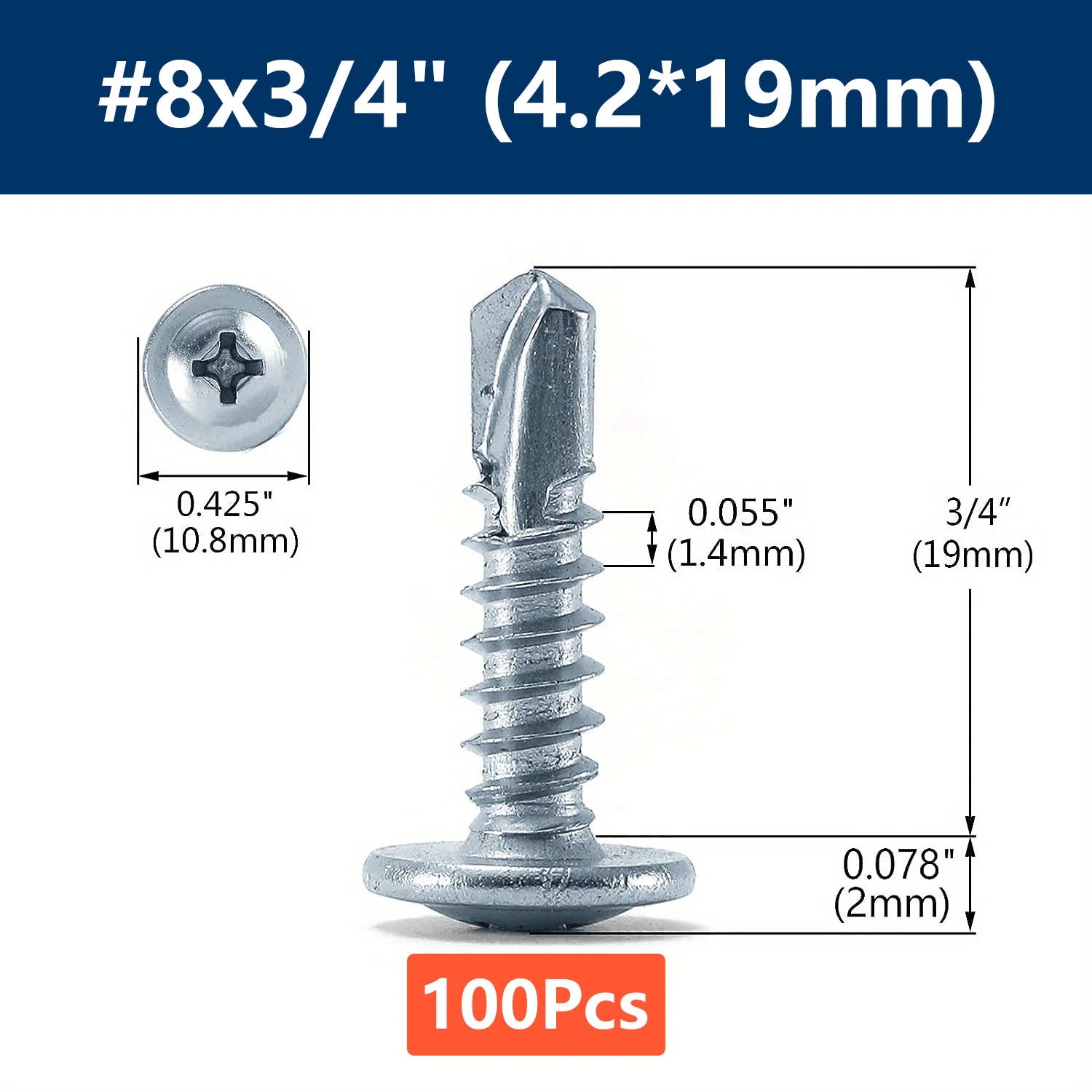 #8 Phillips Truss Head Self Drilling Tek Screw Zinc Oxide Sheet Metal Screws Fast Self Tapping Screws Lath to Metal Studs 100Pcs Qme 100pcs 19mm