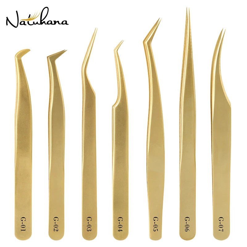 NATUHANA Anti-static Eyelash Extension Tweezer Gold Stainless Steel Qme