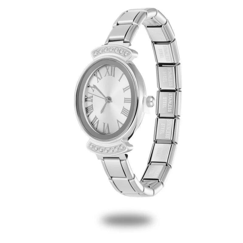 New2026 Vintage High Quality Oval Inlaid Zircon Stainless Steel Watch Bracelet Women's 9MM DIY Italian Charm Bangle Jewelry Gift Qme Style 26