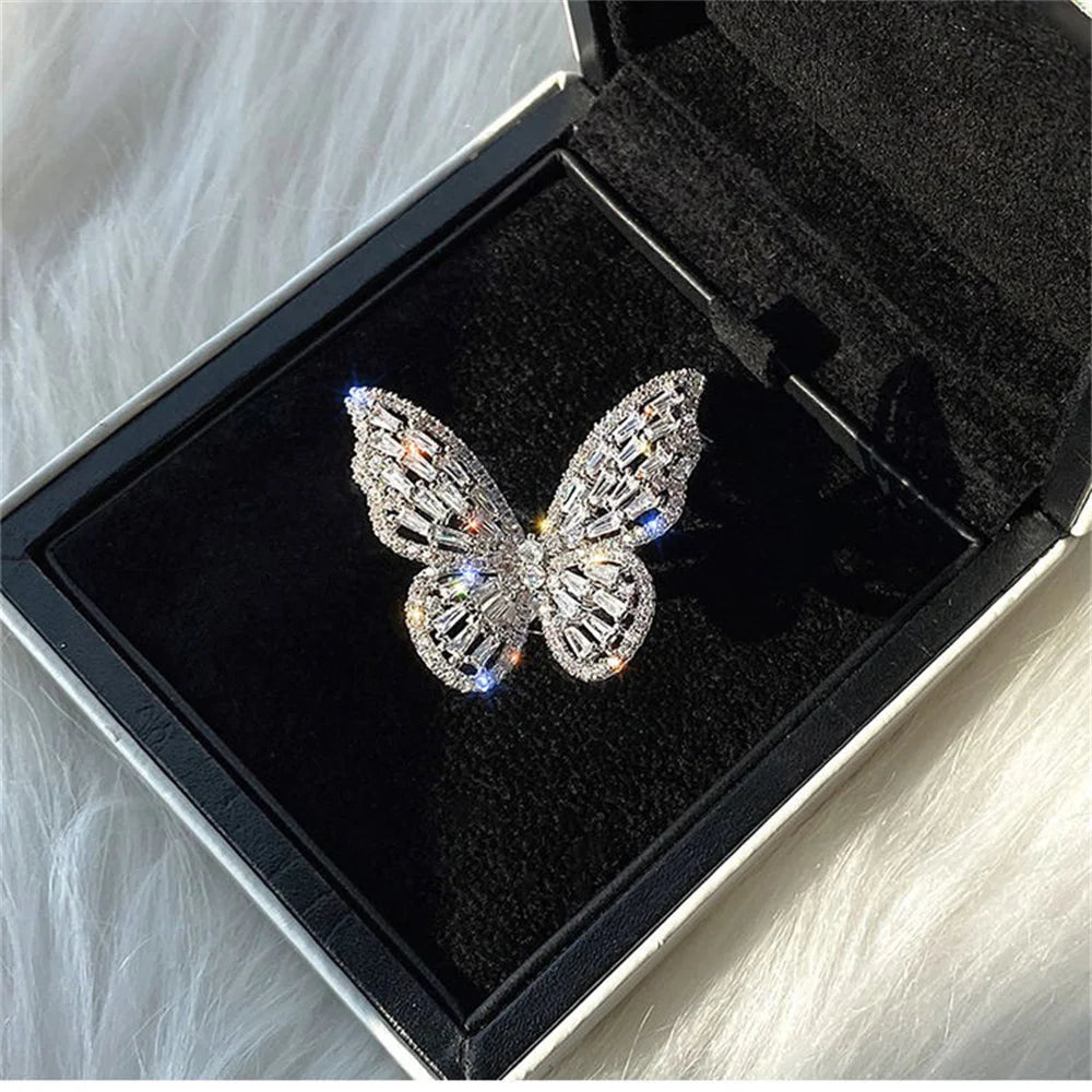 Exquisite Ice Blue Butterfly Open Ring, Fashionable Women's Simple Style Jewelry Party Cocktail Party Accessories Qme 9 resizable