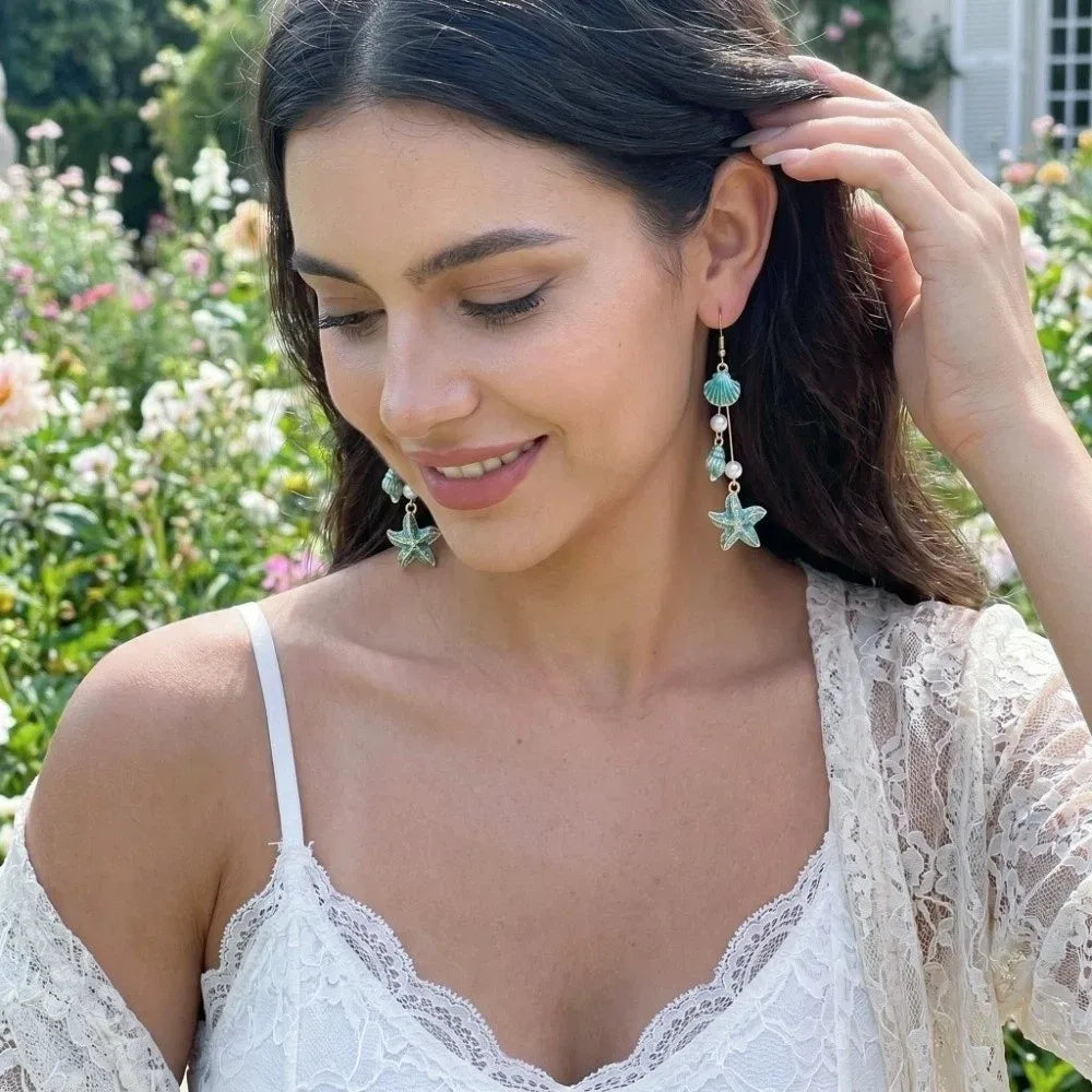 Bohemian Style Alloy Starfish Drop Earrings Shell Elegant Long Tassel Earrings Conch Geometric Shape Pendant Earrings Gift Qme