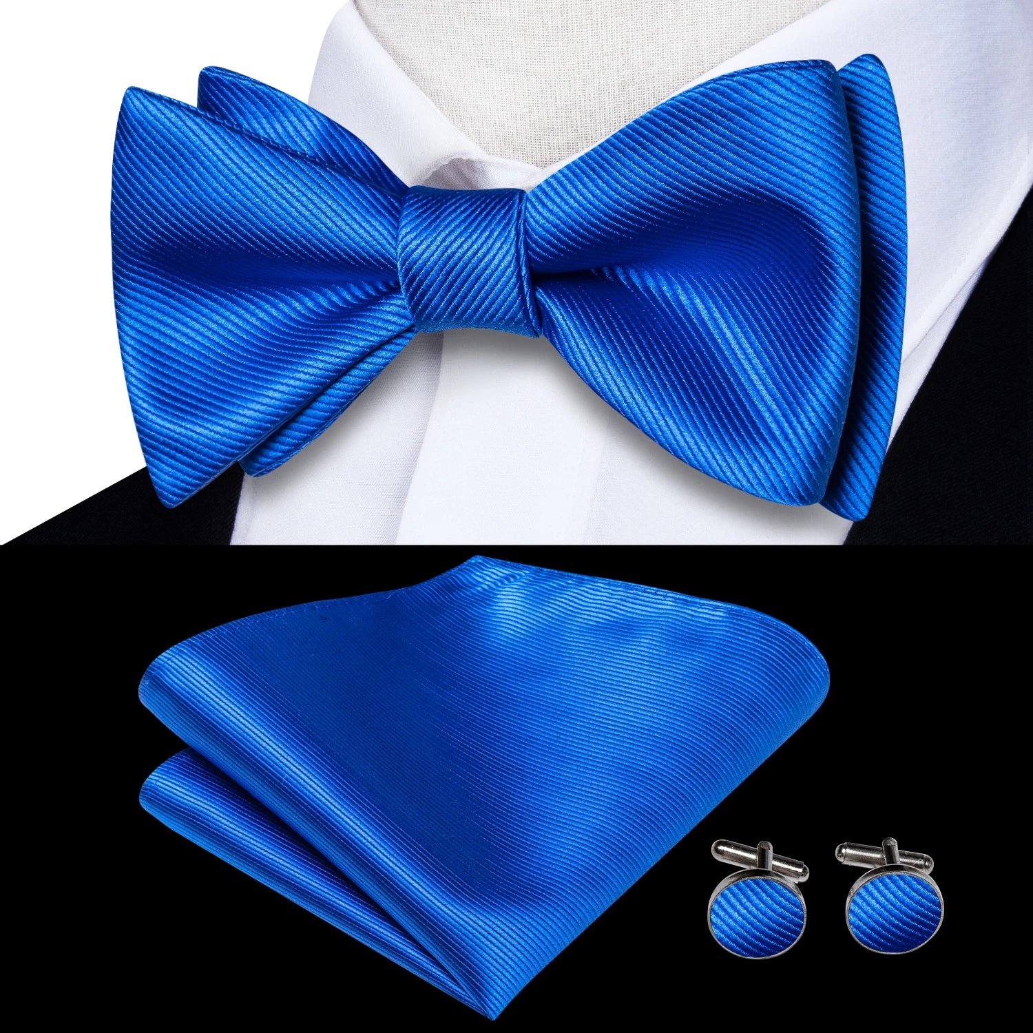 Hi-tie Silk Mens Self Bow Tie Hanky Cufflinks Blue Red Gold Black Qme LH-2096