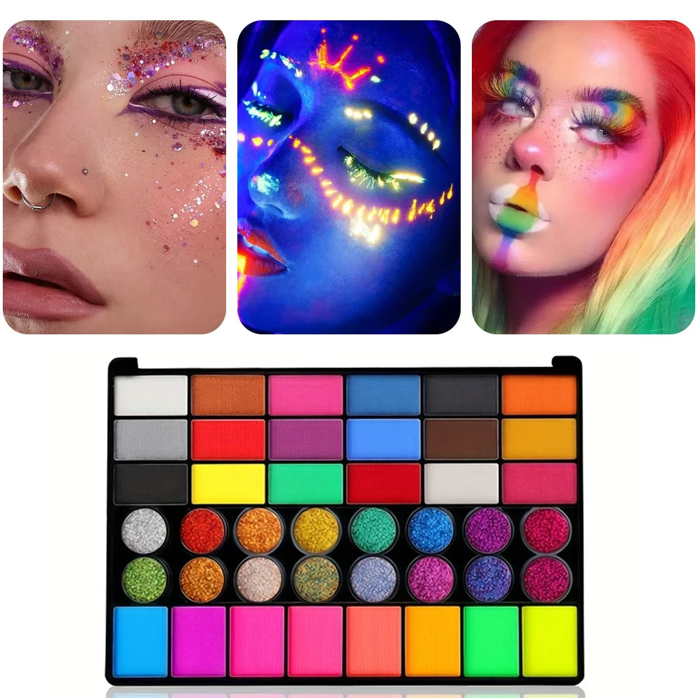 42 Colors UV Neon Face Paint Set Water Soluble Fluorescent Glitter Art Makeup for Body Painting Festivals Halloween Qme