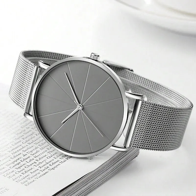 Mens Fashion Business Quartz Wristwatch Fashion Calendar Men Watch Mesh Belt Men Luxury Silver Bracelet Watches Qme
