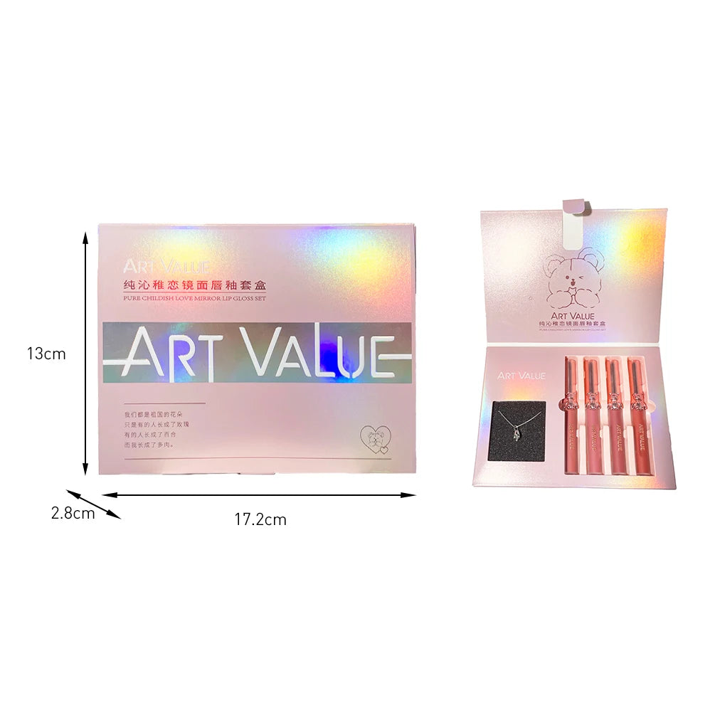 ART VALUE Matte Liquid Lipstick Sets Moisturizing Sexy Red Lipgloss Makeup Mirror Lip Glaze Cosmetics For Women With Necklace Qme