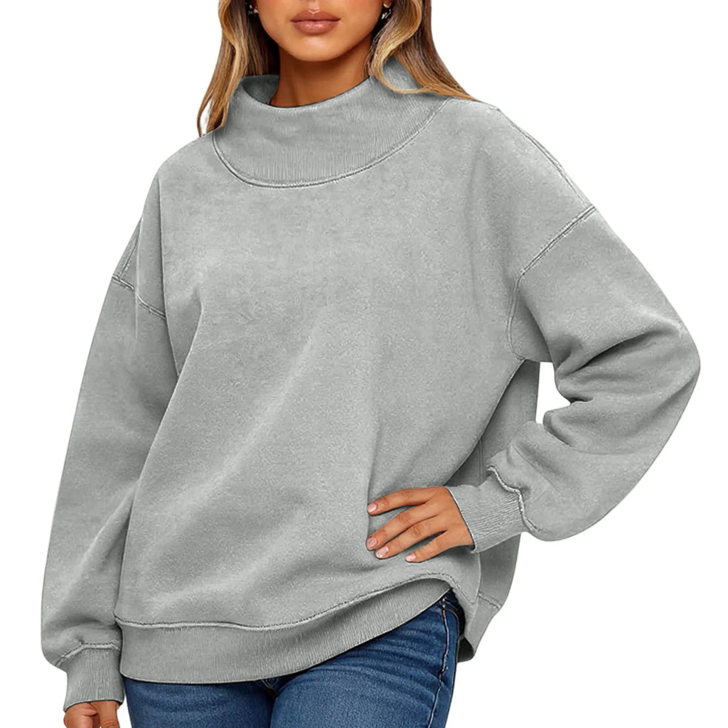 Fashionable Loose High Neck Long Sleeved Solid Color Hoodie for Lady Lazy Style Basic Casual Commuted Pullover Top Qme Gray XL