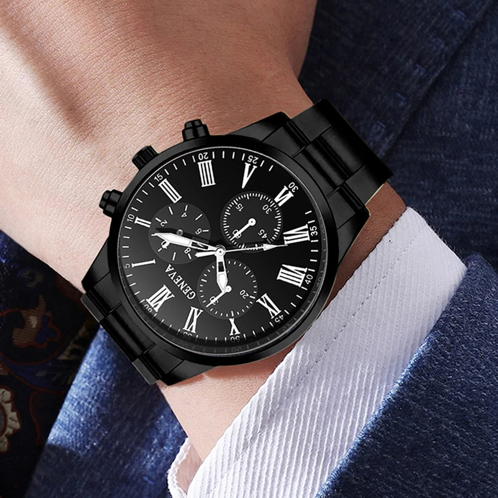 4PCS Black Men's Watch Set Business Trend Fashion Roman Digital Scale Dial Quartz Watch Bracelet Necklace Ring Set Perfect Gift Qme