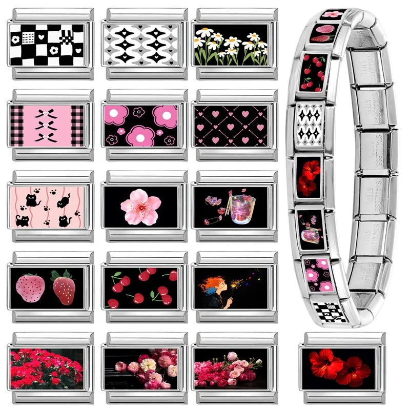 Wholesale Brilliant Rainbow Pretty Girl Black Italian Charm Links Fit 9MM Stainless Steel Bracelet Women Y2K DIY Making Jewelrys Qme