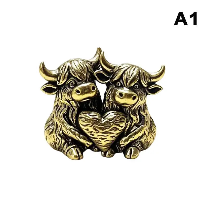 Handmade Vintage Highland Cow Figurine Solid Brass Mini Lucky Qme A1