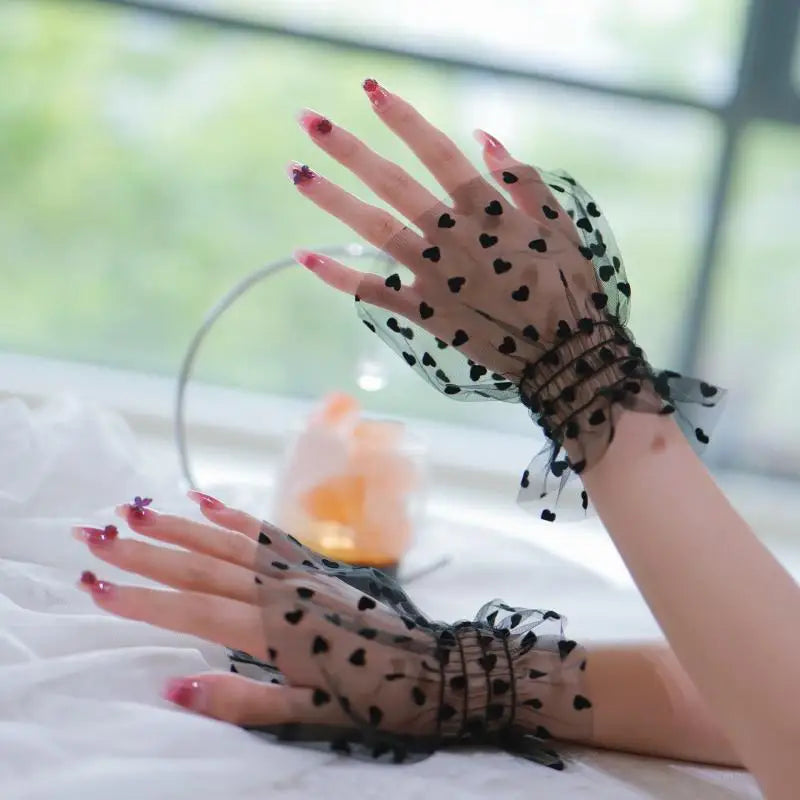 1 Pair Fashion Accessory Nail Art Heart Tulle Photo Glove Fake Qme