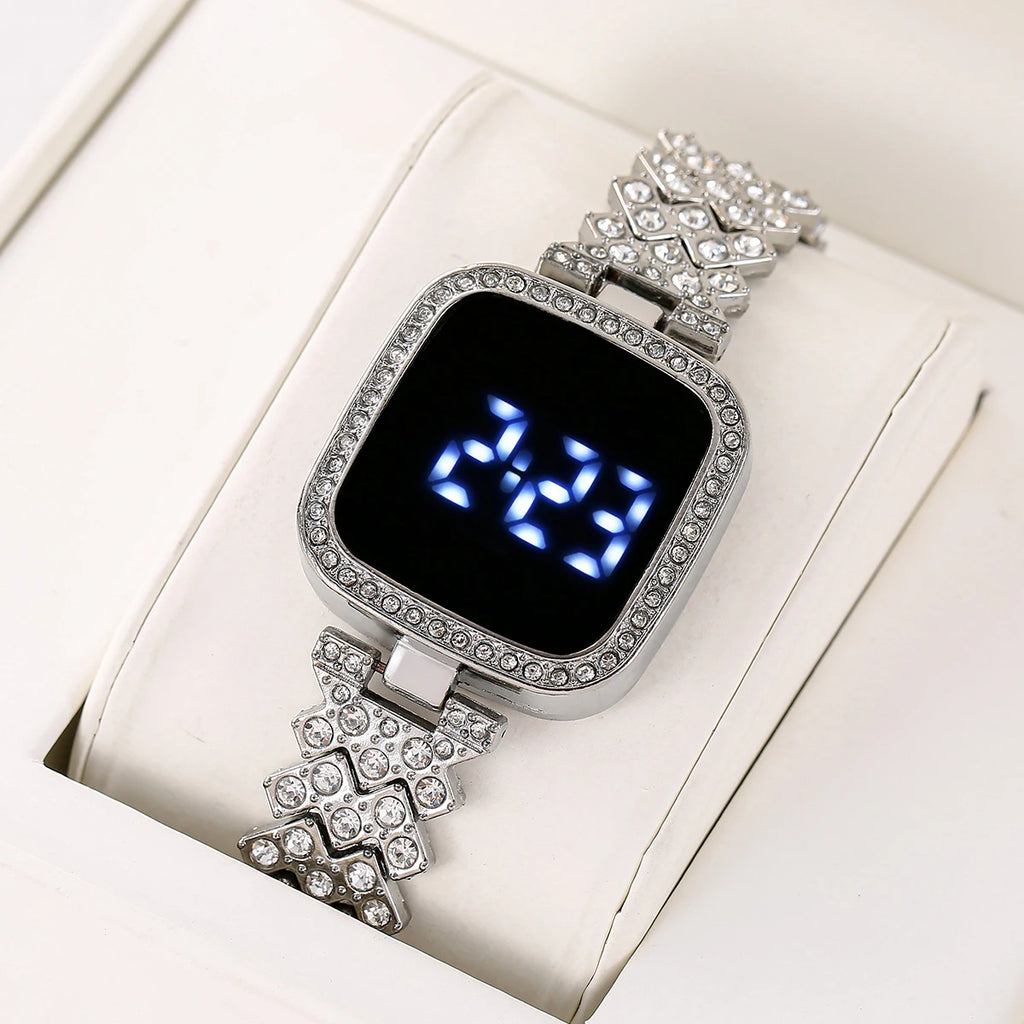 Small Fresh Square Ladies' Diamond Set Watch LED Alloy Touch Fashion Personalized Electronic Watch Qme