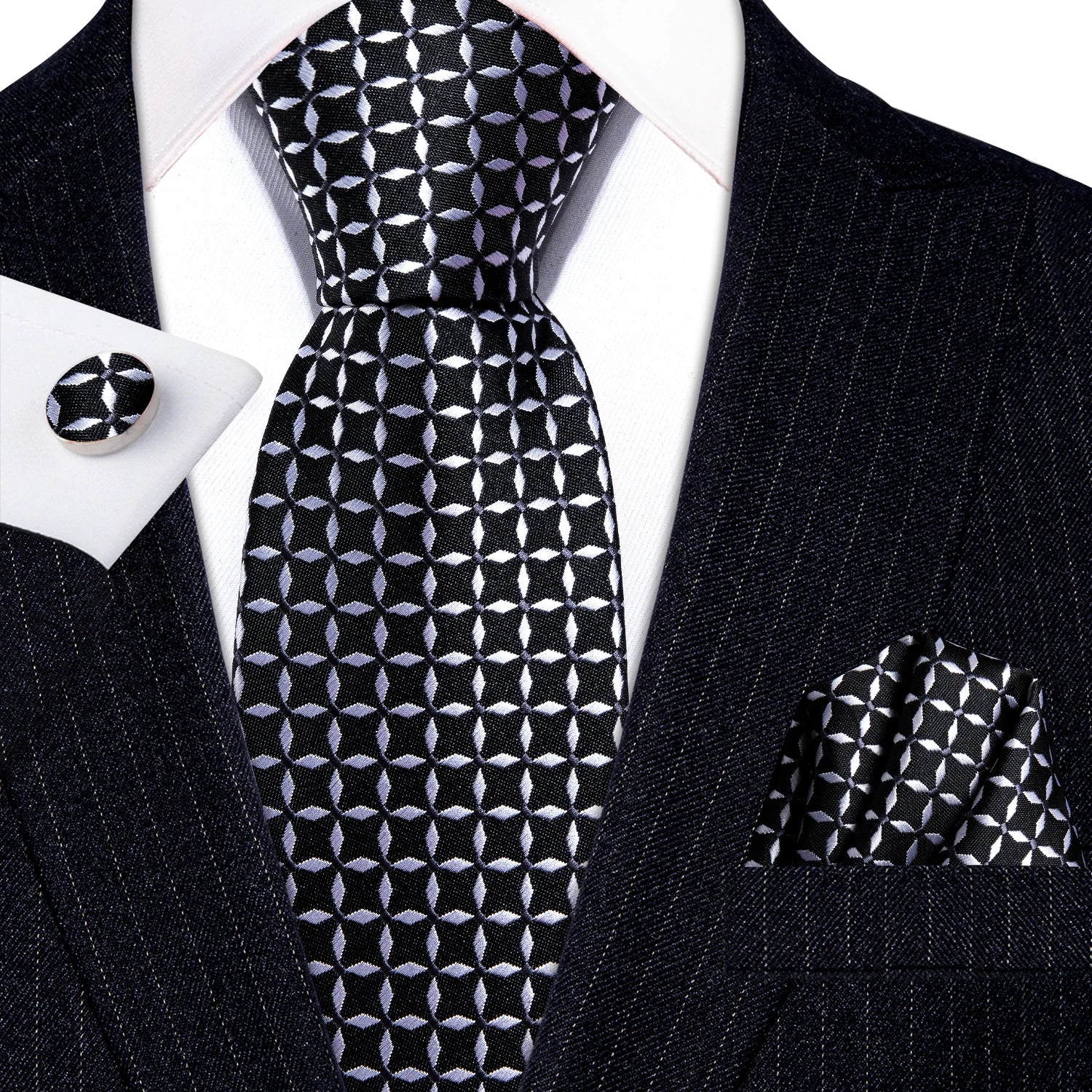 Complete Men's Tie Accessories Bundle: Classic Tie, Pocket Handkerchief, Cufflinks, Premium 3-in-1 Set for Office & Parties Qme DPTH-HT-LDSN0527