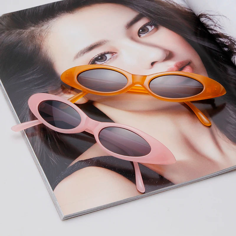 2022 Skinny Narrow Cat Eye Sunglasses Women Vintage Small RED Pink Drop Frame Retro Tiny Oval Sun Glasses Shades Qme