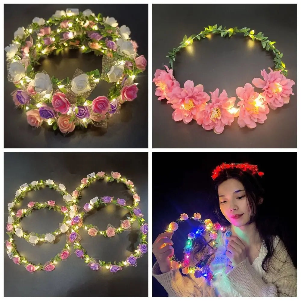 Simulation Rose Flower Wreath Headband Tiara LED Light Crowns Qme