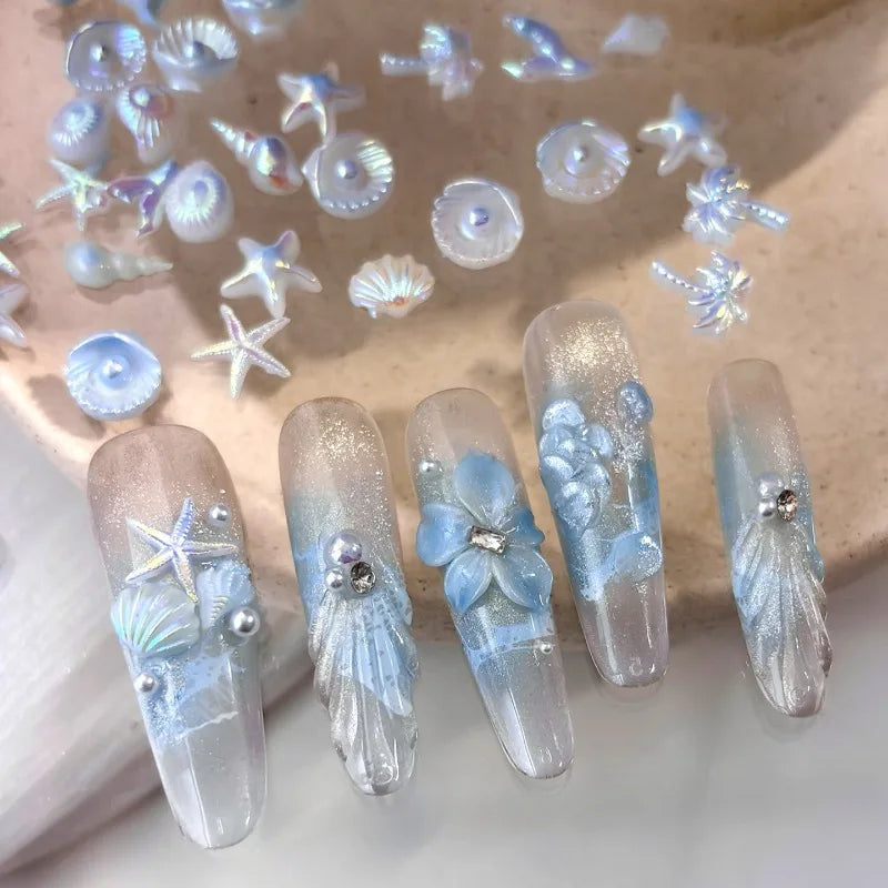 Mixed Aurora Shell Nail Charms Ocean Series Starfish Conch Coconut Tree Resin Nail Art Decorations DIY Manicure Accessories Qme