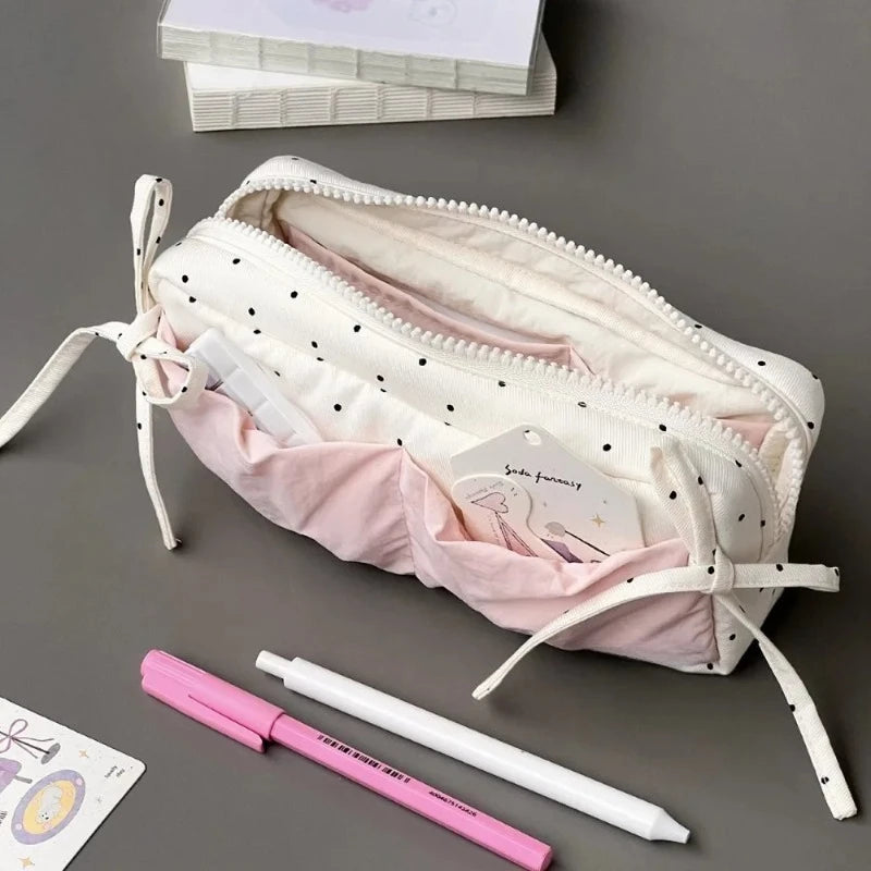 Simple Niche Cute Snow-white Polka Dot Pencil Bag Large Capacity Qme