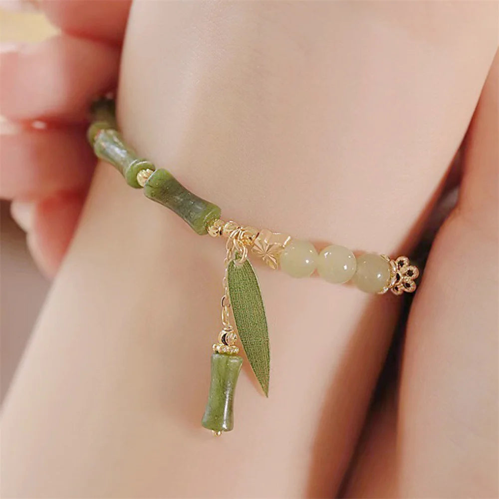 1Pcs Handmade Creative Sense Green Color Natural Stone Bamboo Joint Leaves Tassel Beads Strand Beaded Bracelet Women Accessories Qme