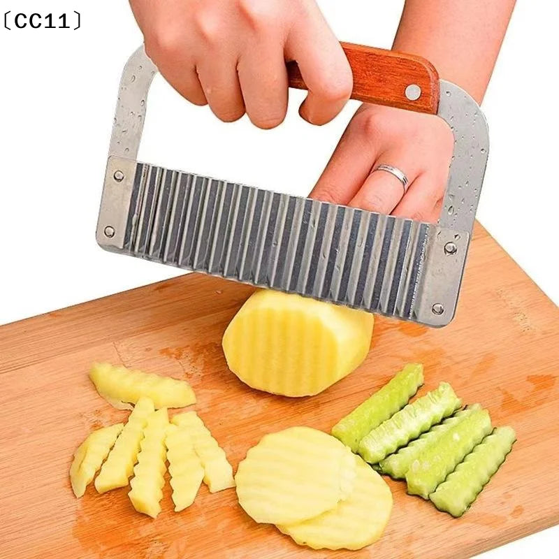 Stainless Steel Wavy Potato Cutter Wooden Handle Crinkle Vegetable Qme Default Title